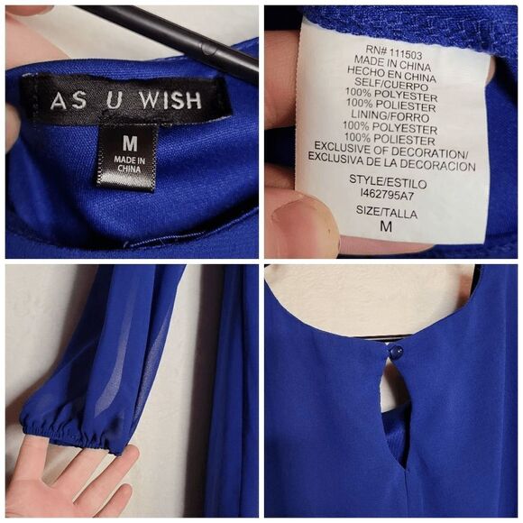 As U Wish Dress Sz Medium Cold Shoulder Blue Long Sleeve Dress Formal Homecoming - Picture 7 of 7